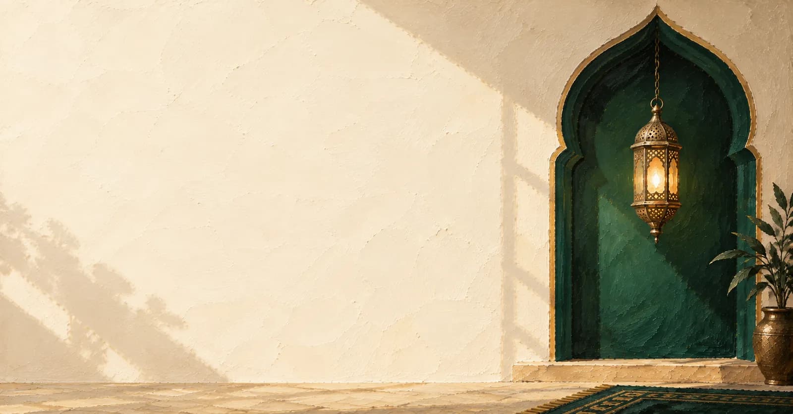 An oil painting of a mihrab niche with a glowing brass lantern